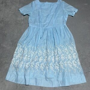 Vintage 60s Ann Stacey Dress Womens Small Blue Embroidered Eyelet 1960s